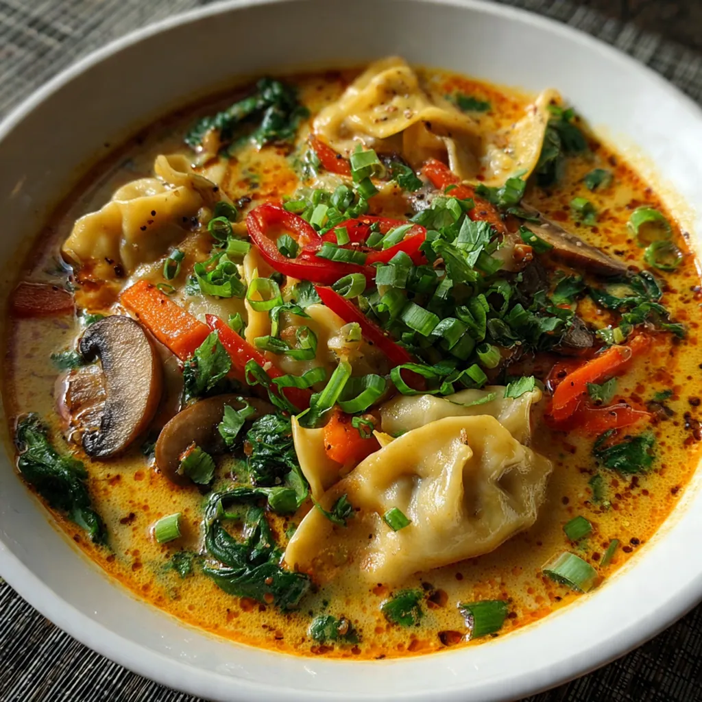 Overhead view of the finished soup garnished with fresh cilantro, lime wedges, and sliced red chilies