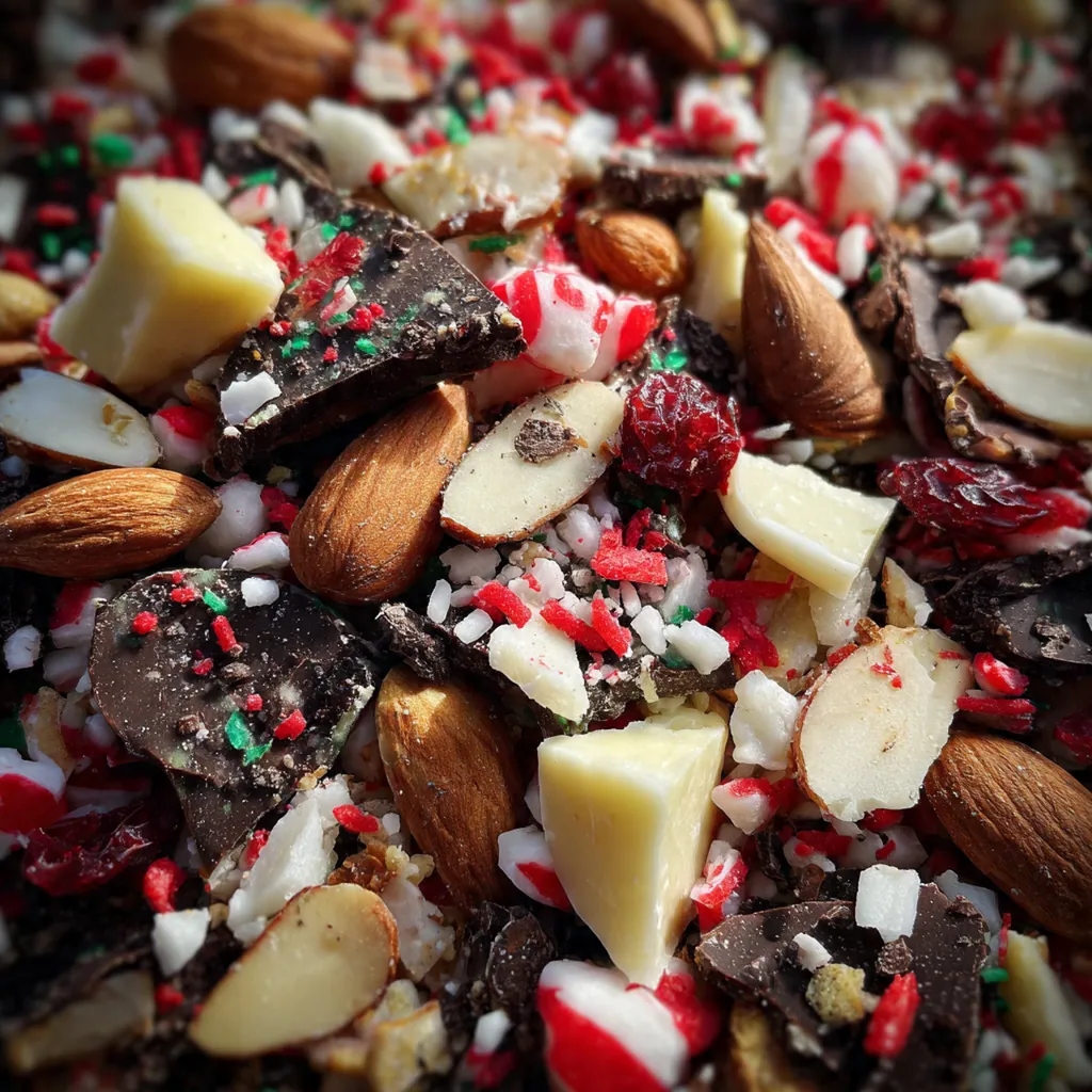 Overhead shot of homemade Christmas bark broken into pieces on a marble counter with holiday decorations