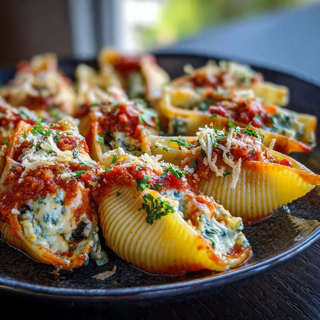 Close-up of a single cheesy stuffed shell cut open, revealing the savory sausage and ricotta filling