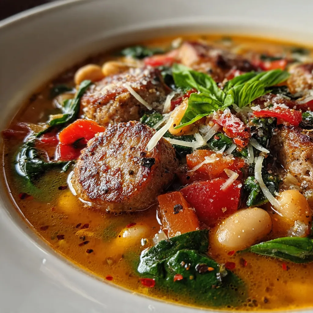 Close-up of a spoon dipping into chunky soup with beans, sausage, and vibrant greens
