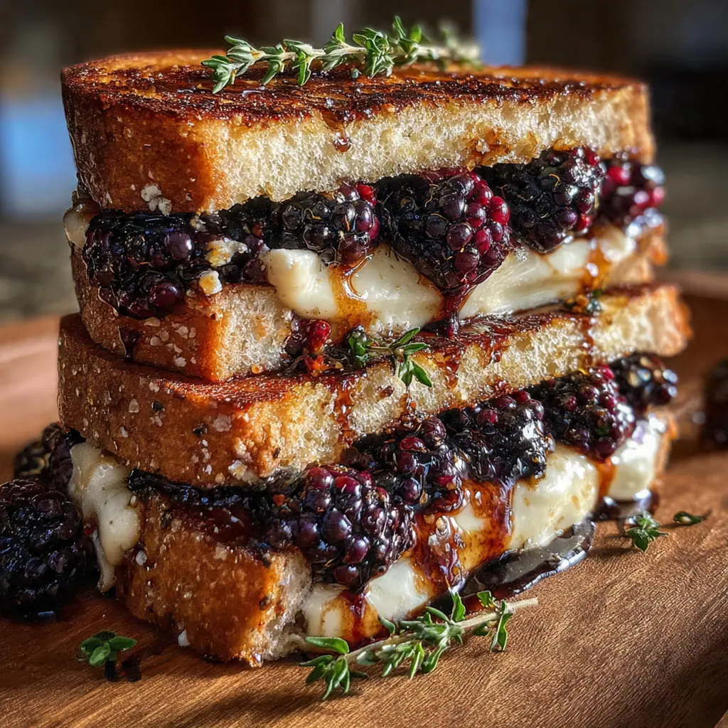Close-up view of melted Brie and blackberry compote oozing from golden sourdough