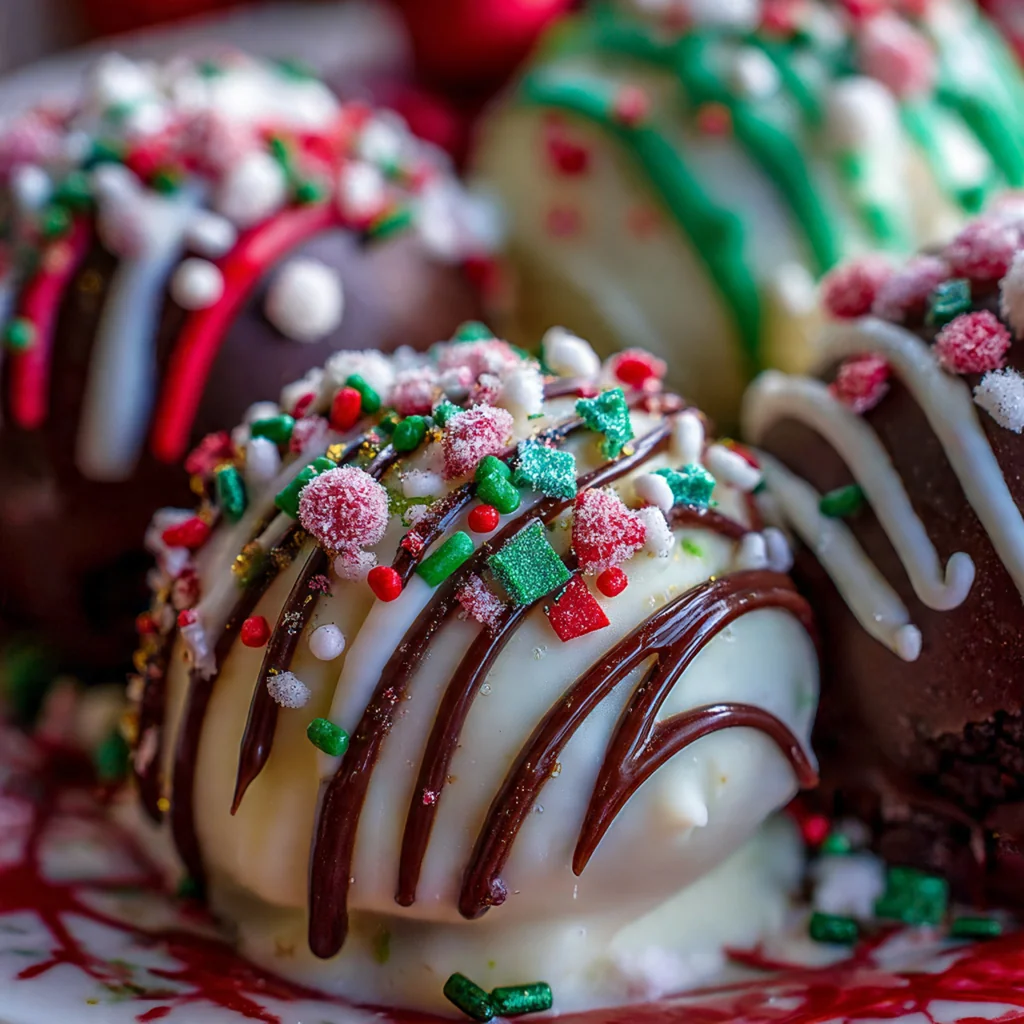 Hands decorating freshly dipped chocolate truffles with red and green crushed candy canes