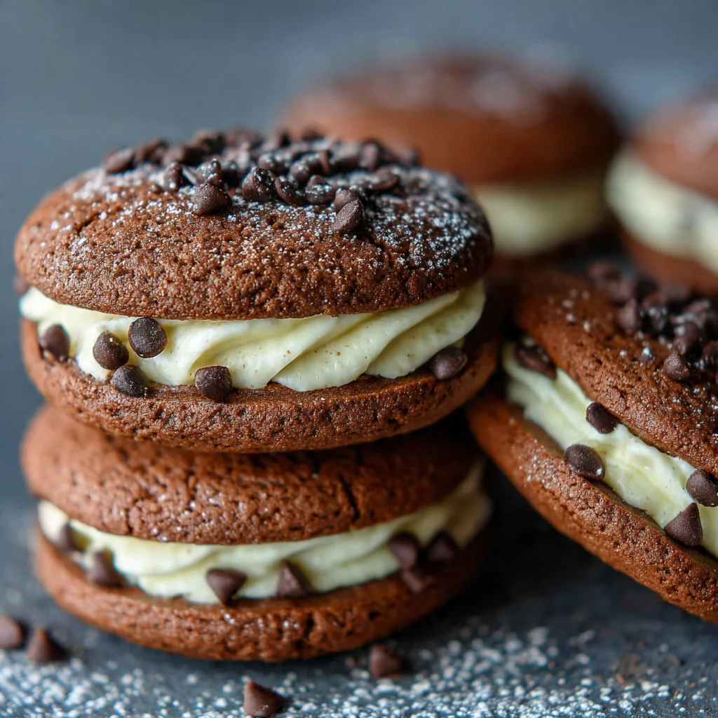 Close-up of a single Baileys Irish Cream cookie sandwich on a rustic wooden board