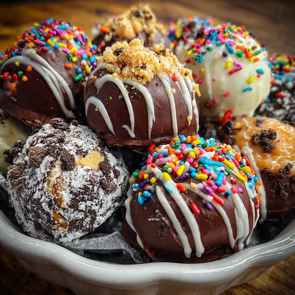 A rustic baking sheet filled with the creamy peanut butter and Oreo truffle dough balls before dipping