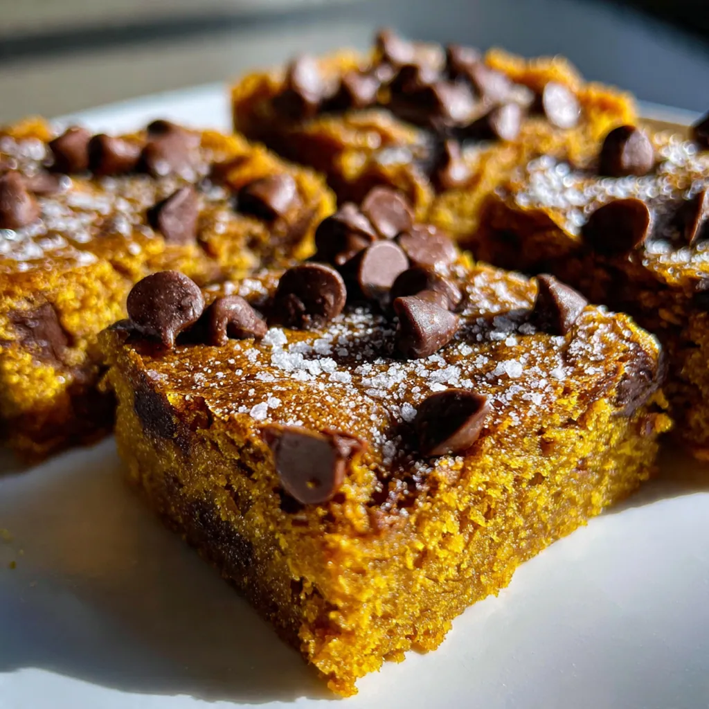Freshly baked Fudgy Pumpkin Chocolate Chip Bars with flaky sea salt on top