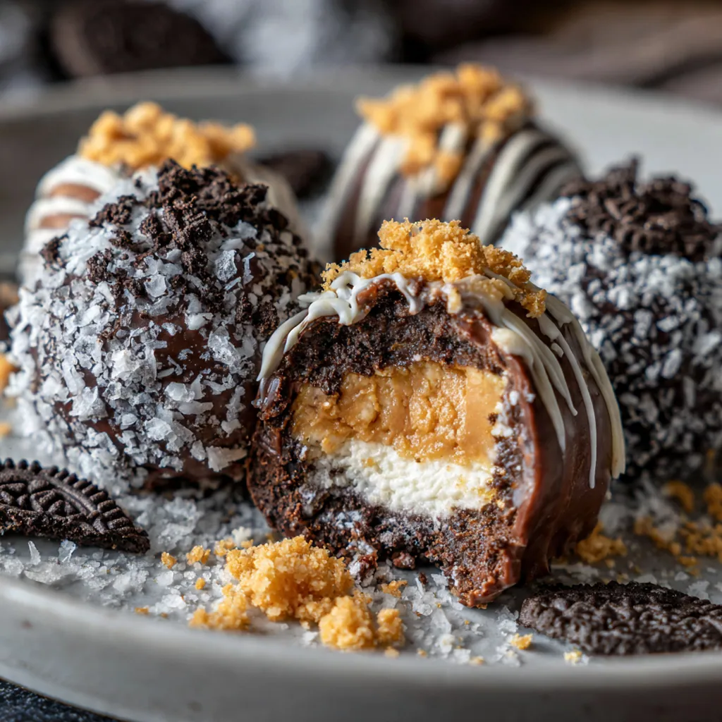 Close-up of a Reeses Peanut Butter Oreo Truffle being dipped into a bowl of melted chocolate