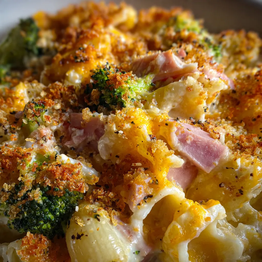 Close-up of a spoon lifting a cheesy, saucy bite with ham, peas, and pasta