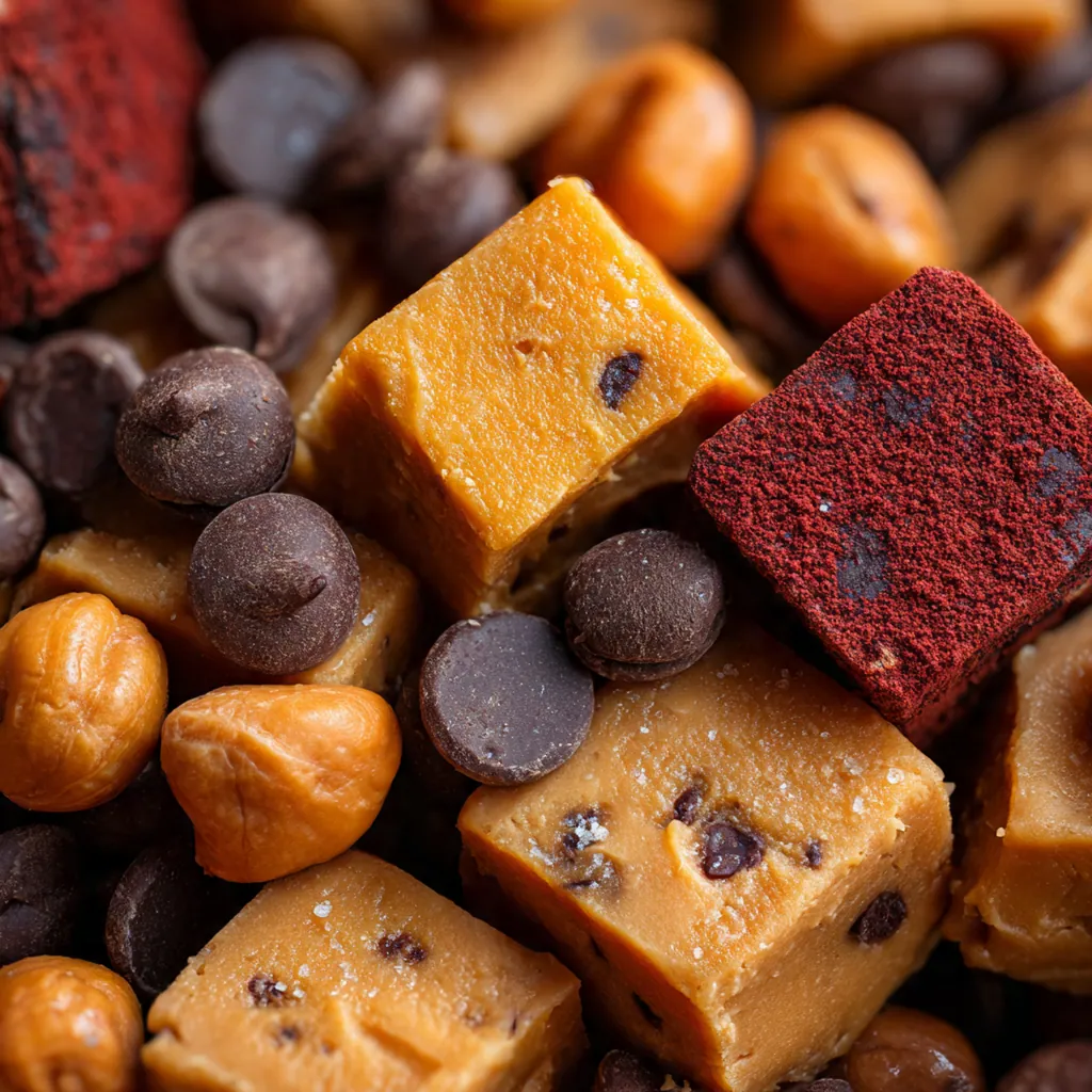 Overhead shot of a rustic wood table with a plate of peanut butter fudge puddles and a glass of milk