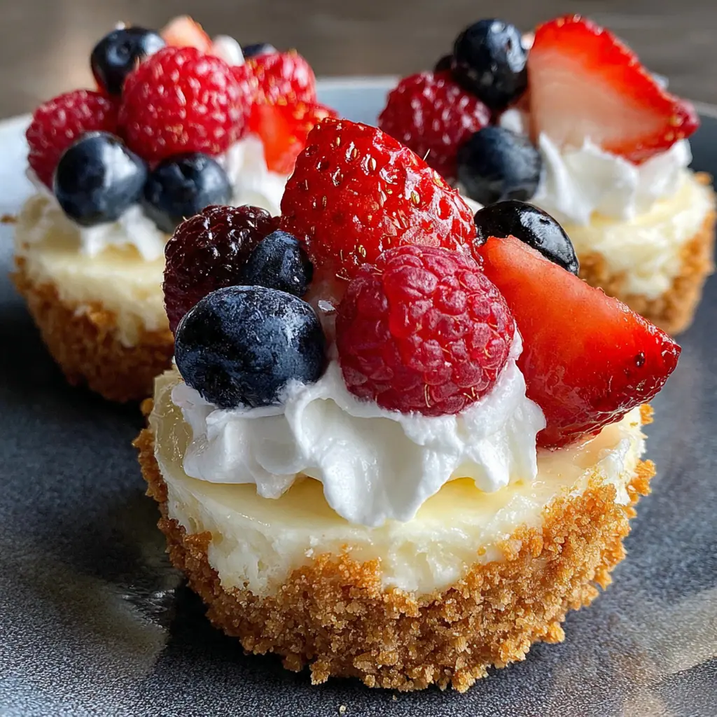 Close-up shot of a single mini cheesecake with a graham cracker crust and creamy vanilla filling