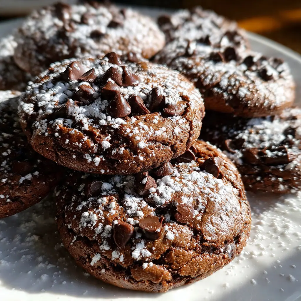 A stack of meltaway brownie cookies on a rustic wooden board next to a glass of cold milk.