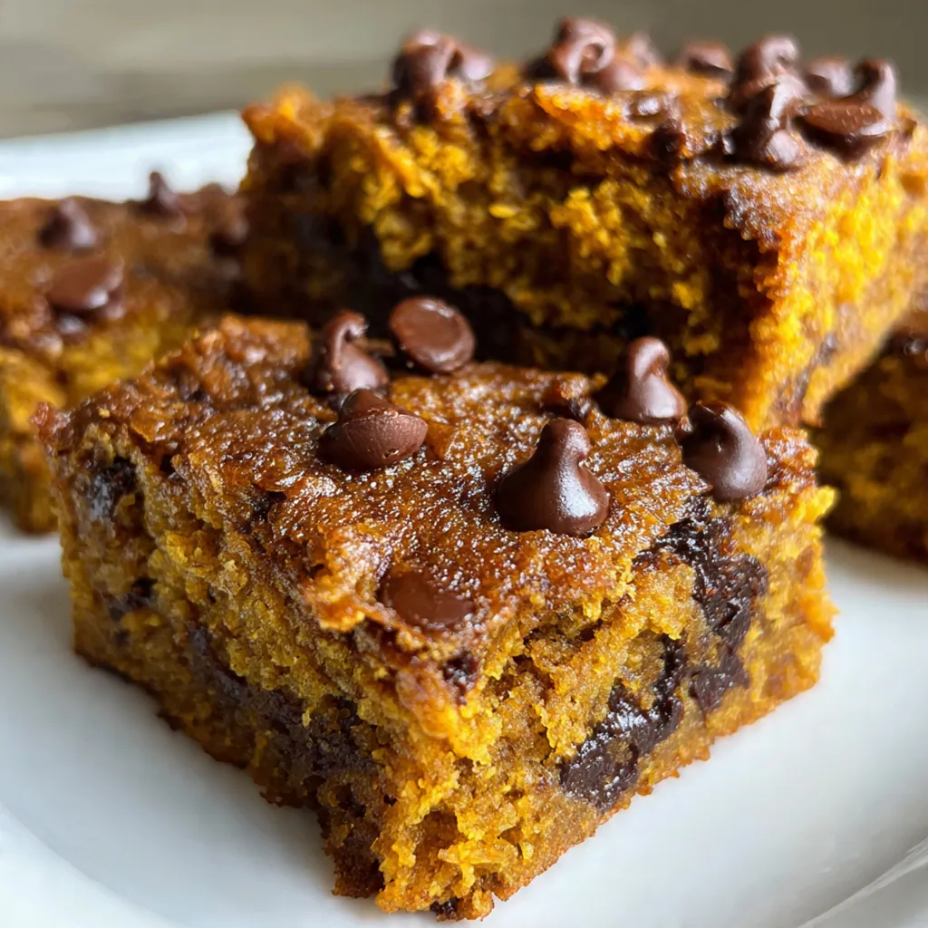 Close-up shot showing the fudgy texture and melted chocolate pools in a pumpkin bar