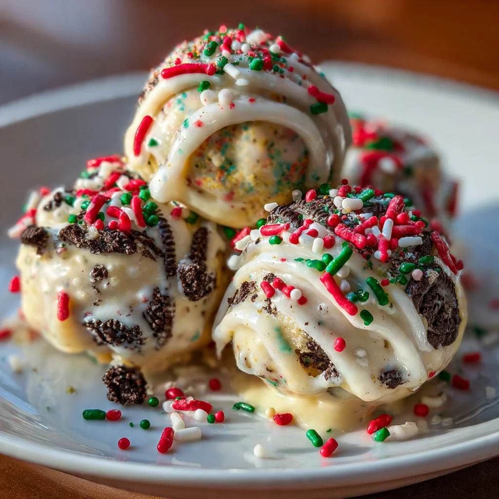 A rustic wooden board filled with homemade Oreo truffles drizzled with white chocolate