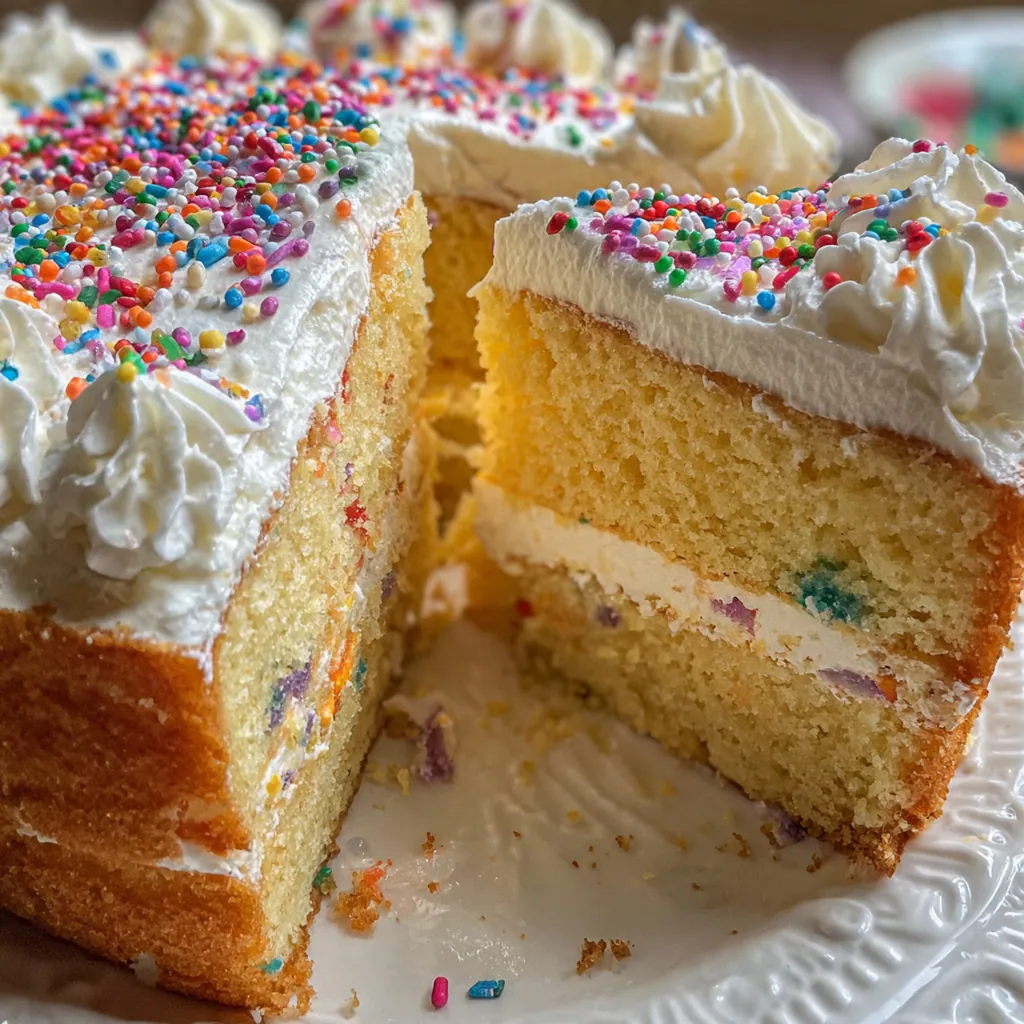 A beautifully frosted birthday cake on a cake stand, ready to be sliced with a cake server beside it.