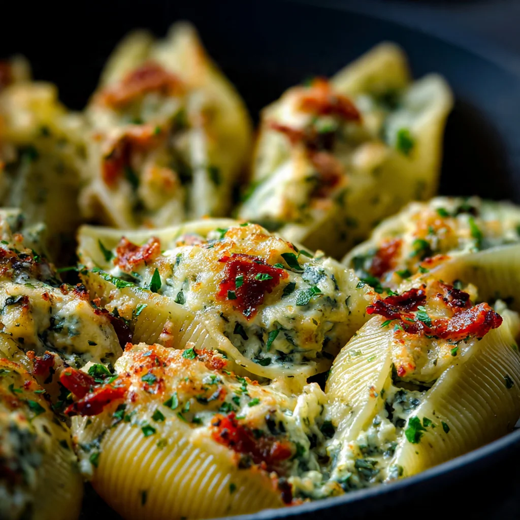 A baking dish overflowing with Christmas Stuffed Shells, topped with golden melted mozzarella and fresh basil