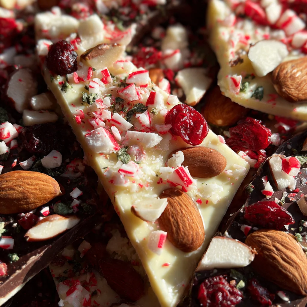 A rustic platter of festive Christmas bark with dark chocolate, red peppermint, green pistachios, and white drizzles